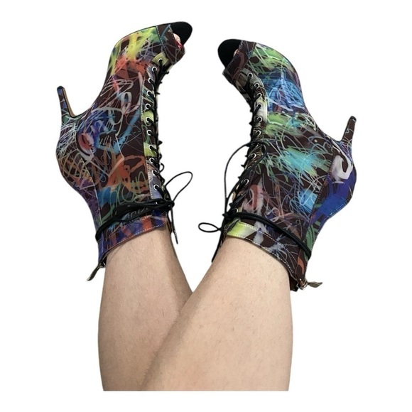 NWT BURJU Sofiya graphic multi color Open Toe Lace Up Ankle Boots | 6 1/2 - Picture 1 of 12